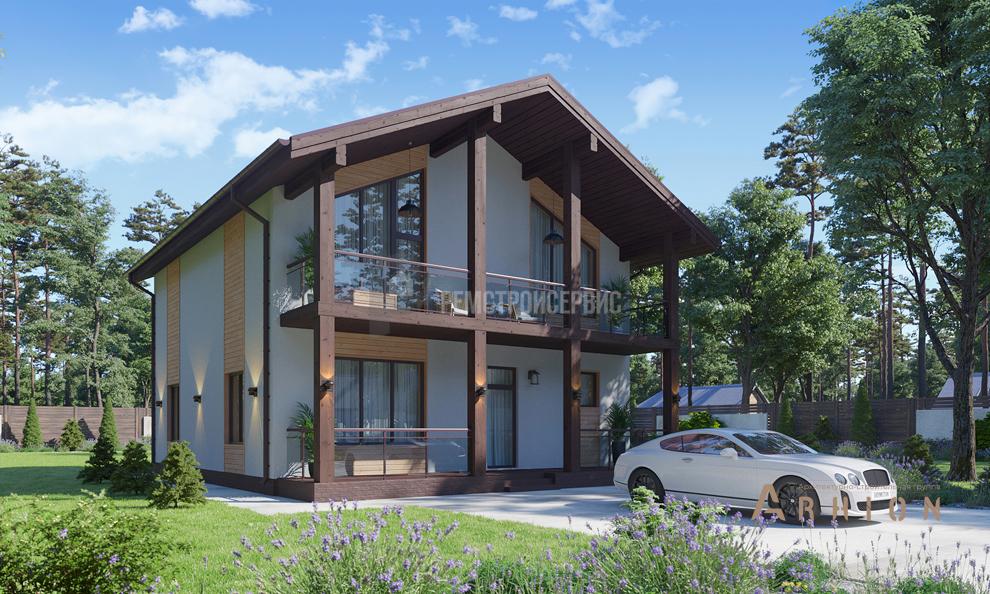 2. Проект одноэтажного дома в стиле шале с двускатной кровлей, t-62-01, площадью - 186 кв c мансардой, терассой, балконом